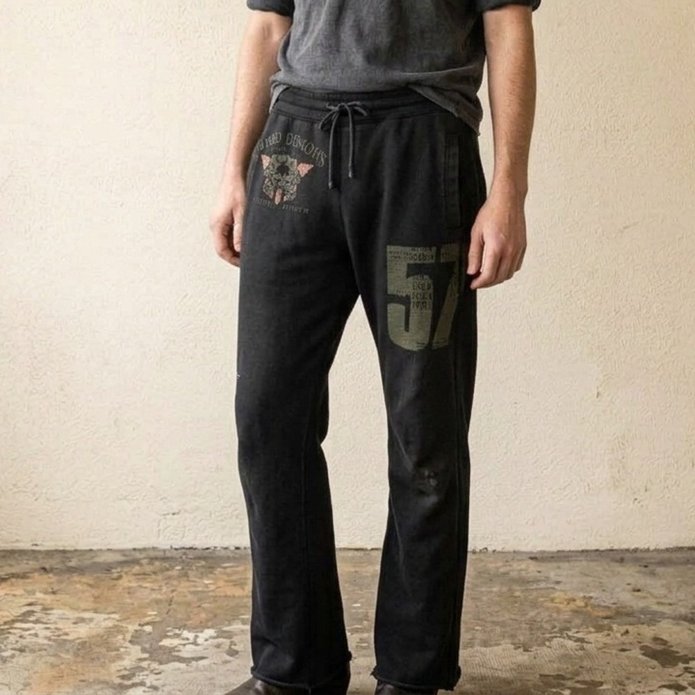 Vintage Y2K Lucky Brand Mens Pants XS Black Speed Demons Graphic Raw Hem Biker